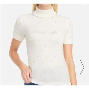 Bebe Y2K Rhinestone Turtleneck Sweater Soft Logo White Pearls Sz Small